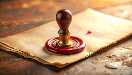 Seal stamp on parchment paper with red wax, close-up.