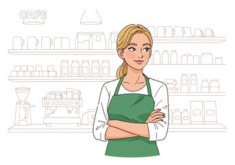 Illustration of a friendly blonde woman wearing a green apron stands with her arms crossed in front of shelves stocked with coffee and cafe supplies
