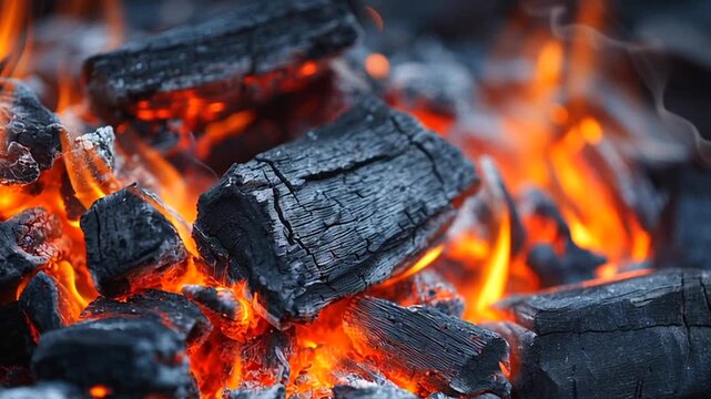 Flammen und hei&szlig;e gl&uuml;hende Holzkohle, Generative KI