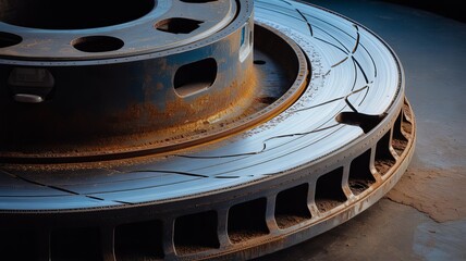 Industrial Machinery: Close-up of a well-worn automotive disc brake, highlighting its intricate design and robust construction, symbolizing the power of industry and engineering.