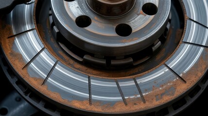 Detailed Car Brake Disc: A close-up shot focuses on a car's brake disc, revealing its intricate design, including ventilation slots and the effects of time and use.