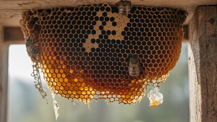 Honeycomb Harmony: The image showcases a segment of a honey-filled honeycomb, hanging, capturing the intricate architecture within a bee hive. The comb is awash in the warm glow of natural light.
