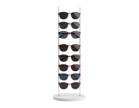 Sunglasses Display Stand with Multiple Pairs on Transparent Background