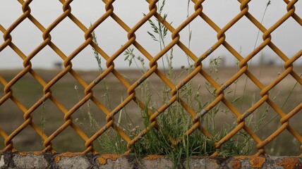 Golden Mesh: A weathered golden chain-link fence, a barrier, showcases intricate details and textures, with verdant green grass growing in the foreground.