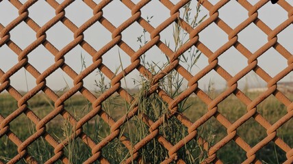 Rusty Diamond Fence: A close-up view of an aged, rusted chain-link fence, the diamond pattern providing a textured contrast against the backdrop of natural greenery.