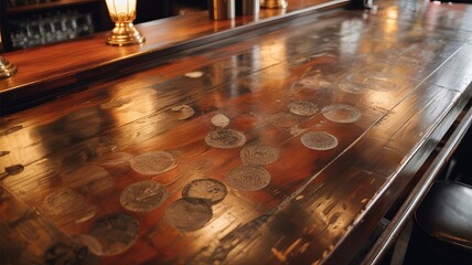 Vintage Bar: An aged wooden bar, its surface adorned with coin imprints and subtle imperfections, suggesting tales of countless interactions and convivial evenings.