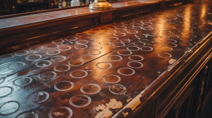 Bar Top Impressions: A worn wooden bar top, etched with the countless marks of glasses, tells a story of lively evenings, and social gatherings, the remnants of laughter and connection. 