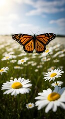 Monarch butterfly flying over a sunlit field of white daisies.