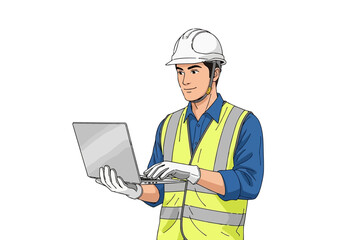 Illustration of a male construction worker wearing a hard hat and safety vest, holding and typing on a laptop computer