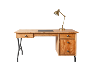 Wooden office desk with brass lamp on transparent background