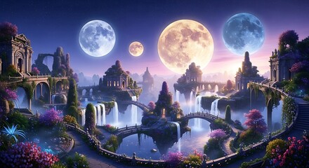 Enchanting Fantasy Landscape with Multiple Moons and Waterfalls.