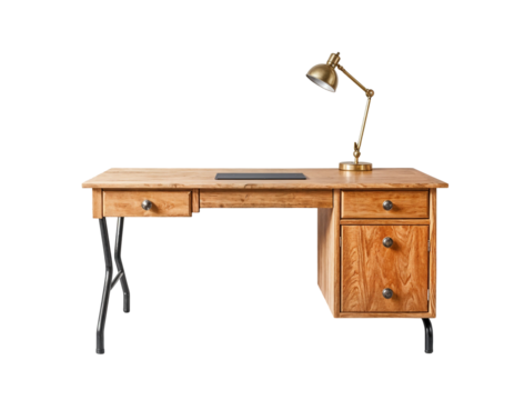 Wooden office desk with brass lamp on transparent background