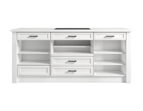 Modern White Kitchen Island with Storage and Cooktop