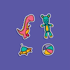 Colorful sticker collection featuring a pink dinosaur, a teal teddy bear, a colorful UFO, and a striped beach ball. Perfect for world children day