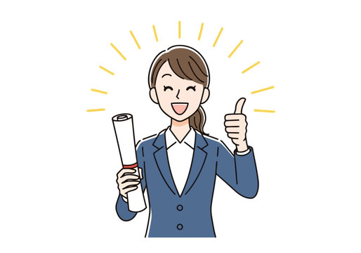 Illustration of a smiling woman in a suit holds a diploma and gives a thumbsup
