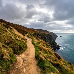 Coastal hiking path through grassy hills under dramatic cloudy sky