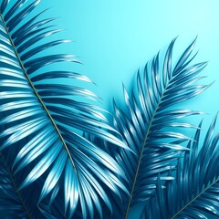Shimmering Blue Tropical Palm Leaves Background with Pearlescent Glow