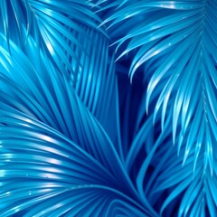 Shimmering Blue Tropical Palm Leaves Background with Pearlescent Glow