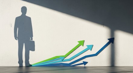 Growth chart depicting success with rising arrow curves and silhouette of person holding briefcase, growth chart symbolizes ambition. Growth chart signifies future business, finance, investments,
