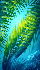 Shimmering Blue Tropical Palm Leaves Background with Pearlescent Glow