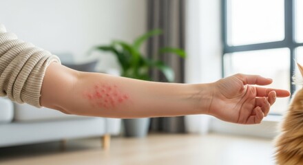 Allergy to cats, allergic reaction manifesting as hives on woman's arm in living room. Allergy to cats shown with red skin irritation, closeup on visible symptoms and domestic animal.