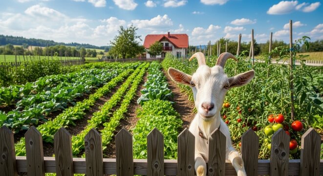 Goat on farm behind wooden fence in vegetable garden, with leafy crops. Goat looks curiously at camera amidst green field, suggesting idyllic rural life.