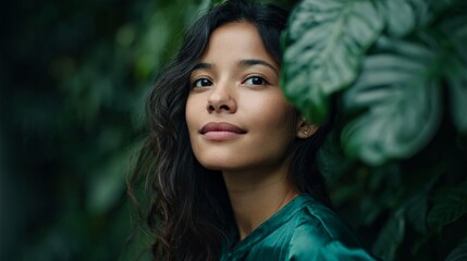 Young woman with natural beauty and dark hair looking up with a serene expression, surrounded by lush green foliage creating a tranquil and refreshing atmosphere