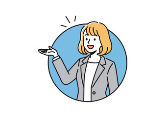 Illustration of a smiling businesswoman in a gray suit and white shirt, with short blonde hair, gesturing with her left hand, inside a blue circle