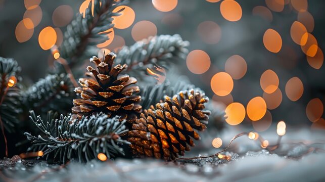 Festive winter scene with snow covered pine cones and spruce, perfect for new year s greetings
