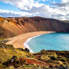 Coastal landscape with colorful rock formations and a sandy beach