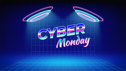 Cyber monday neon offer poster. Sale, promotion banner. Retro futuristic stage blue background. Circular cyan pink neon, led halo spotlight. Wireframe mesh. Black friday concept, advertising. Vector