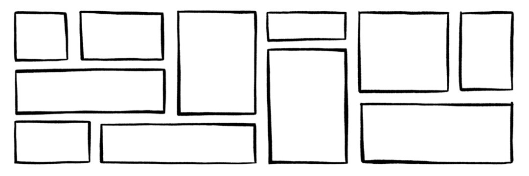 Chalk Frames and text boxes doodle set. Rectangle and square shapes, grunge crayon borders in sketch style. Hand drawn vector illustration isolated on white background