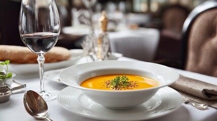 Elegant fine dining experience with gourmet soup, wine, and luxurious table setting, perfect for culinary content