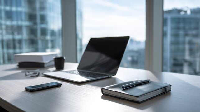 Modern workspace with laptop, notepad and office supplies in a corporate office