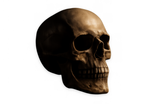 Human skull showing anatomy and mortality, featuring memento mori on a transparent background