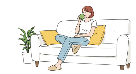 Illustration of a woman sitting on a white sofa, holding a green cup and drinking