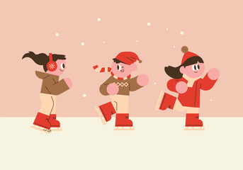 Happy Kids Ice Skating on a Snowy Day