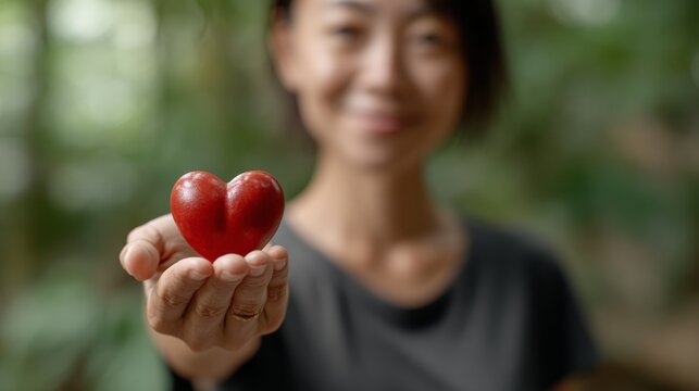 Smiling asian woman holding a red heart in an outstretched hand, representing concepts of love, giving, health, charity, and sharing kindness with nature in the background