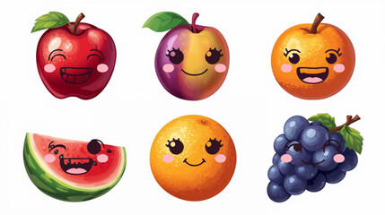 Isolated vector set of fresh ripe fruit including apple, orange, banana, lemon, pear, peach, mango, and strawberry on white