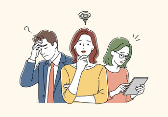 Illustration of three people looking confused and stressed, with question marks and a swirl indicating a troubled mind