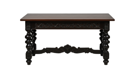 Dark wooden antique table featuring ornate carved legs and decorative detailing beneath the tabletop. A classic furniture piece ideal for interior design catalogs, vintage décor presentations