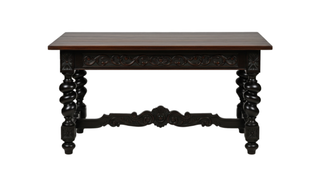 Dark wooden antique table featuring ornate carved legs and decorative detailing beneath the tabletop. A classic furniture piece ideal for interior design catalogs, vintage décor presentations