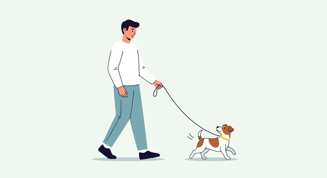 Illustration of a man walking his small dog on a leash, enjoying a stroll together in a simple, clean illustration style with a light background
