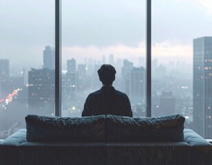 young man looking out window