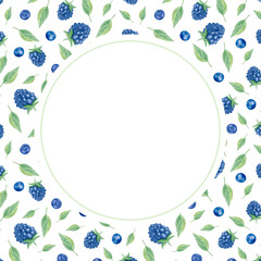 Watercolor round berry frame with blueberries, blackberries and green leaves on white background. Botanical fruit illustration border for jam labels, packaging, invitations, cards and summer design.