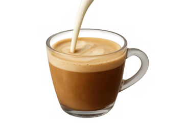 Milk pouring into a clear glass cup making coffee latte art with creamy foam, transparent background