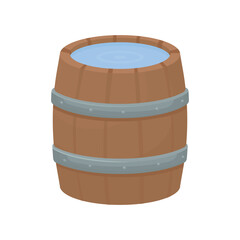 A wooden barrel filled with water on a white background. Water storage.