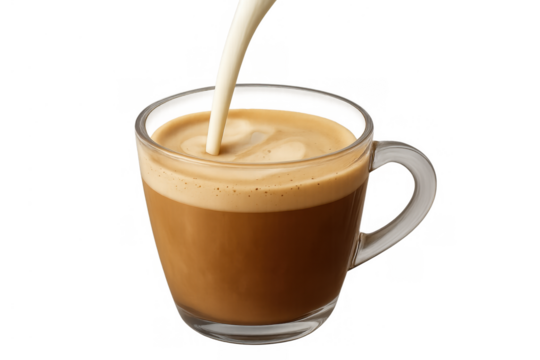 Milk pouring into a clear glass cup making coffee latte art with creamy foam, transparent background