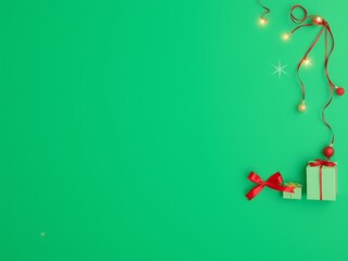 Festive christmas green background with gifts, lights, ornaments.