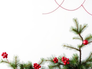 Festive fir branches, red berries, ornament, garland, white backdrop